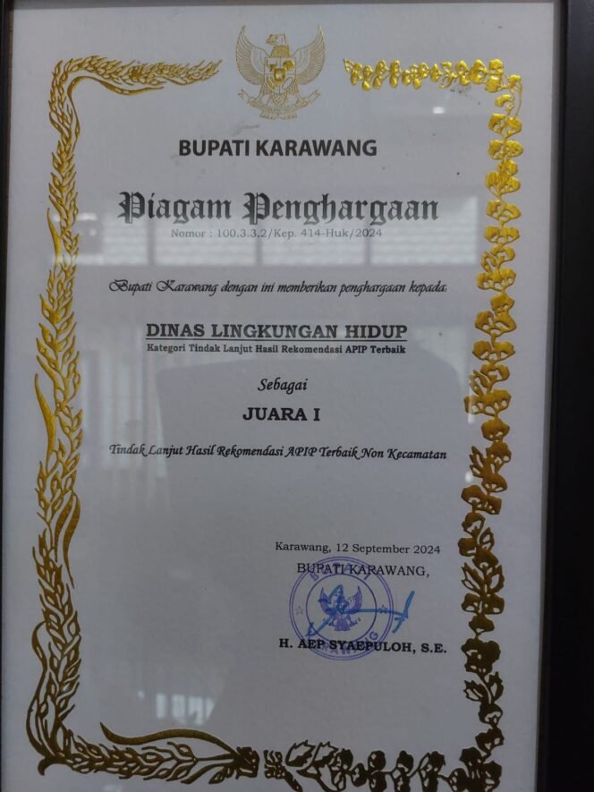 
 DLHK Raih Juara 1 APIP dari Bupati Karawang